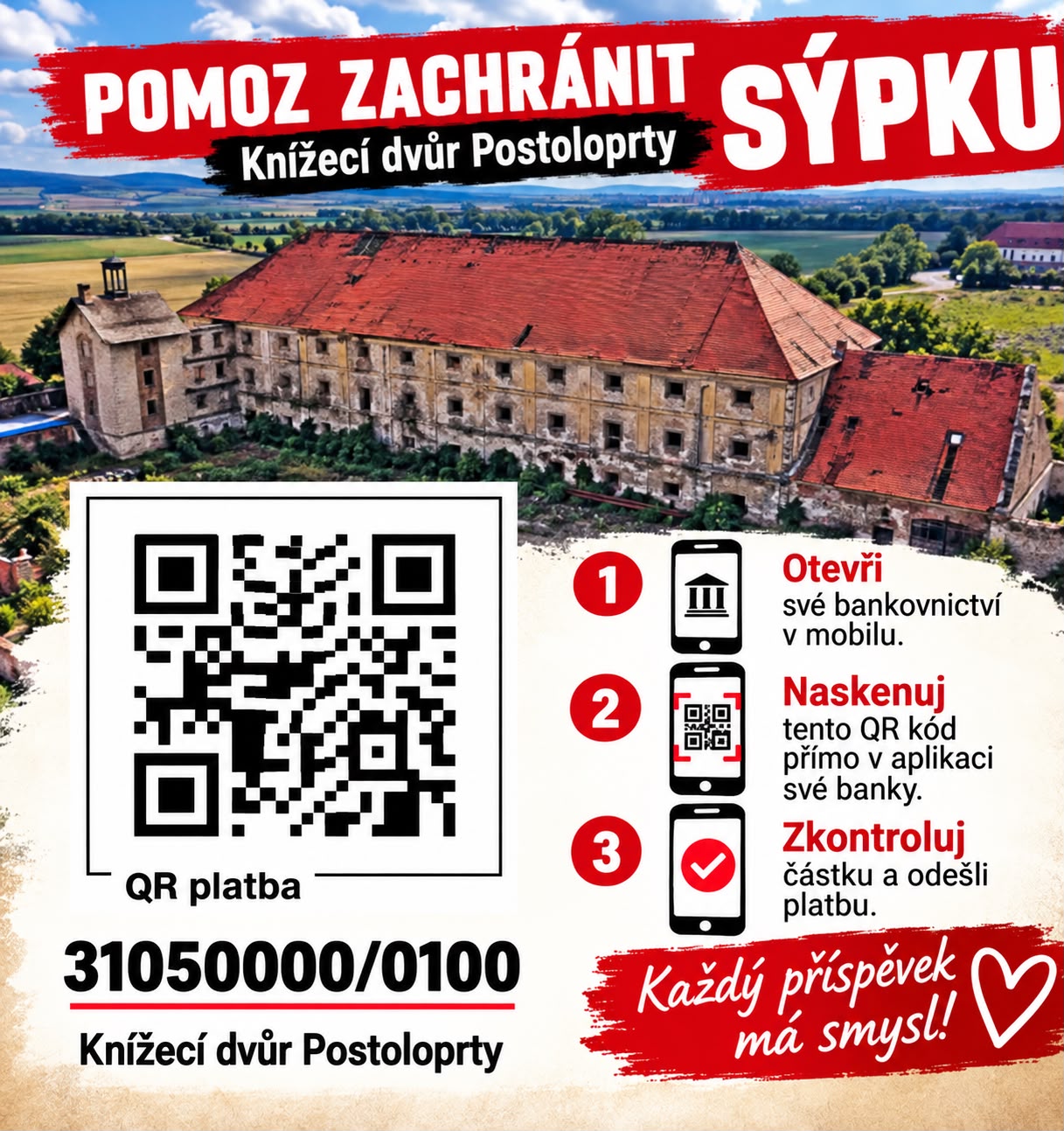 Plakát sbírky Pomoz zachránit sýpku s QR kódem pro platbu